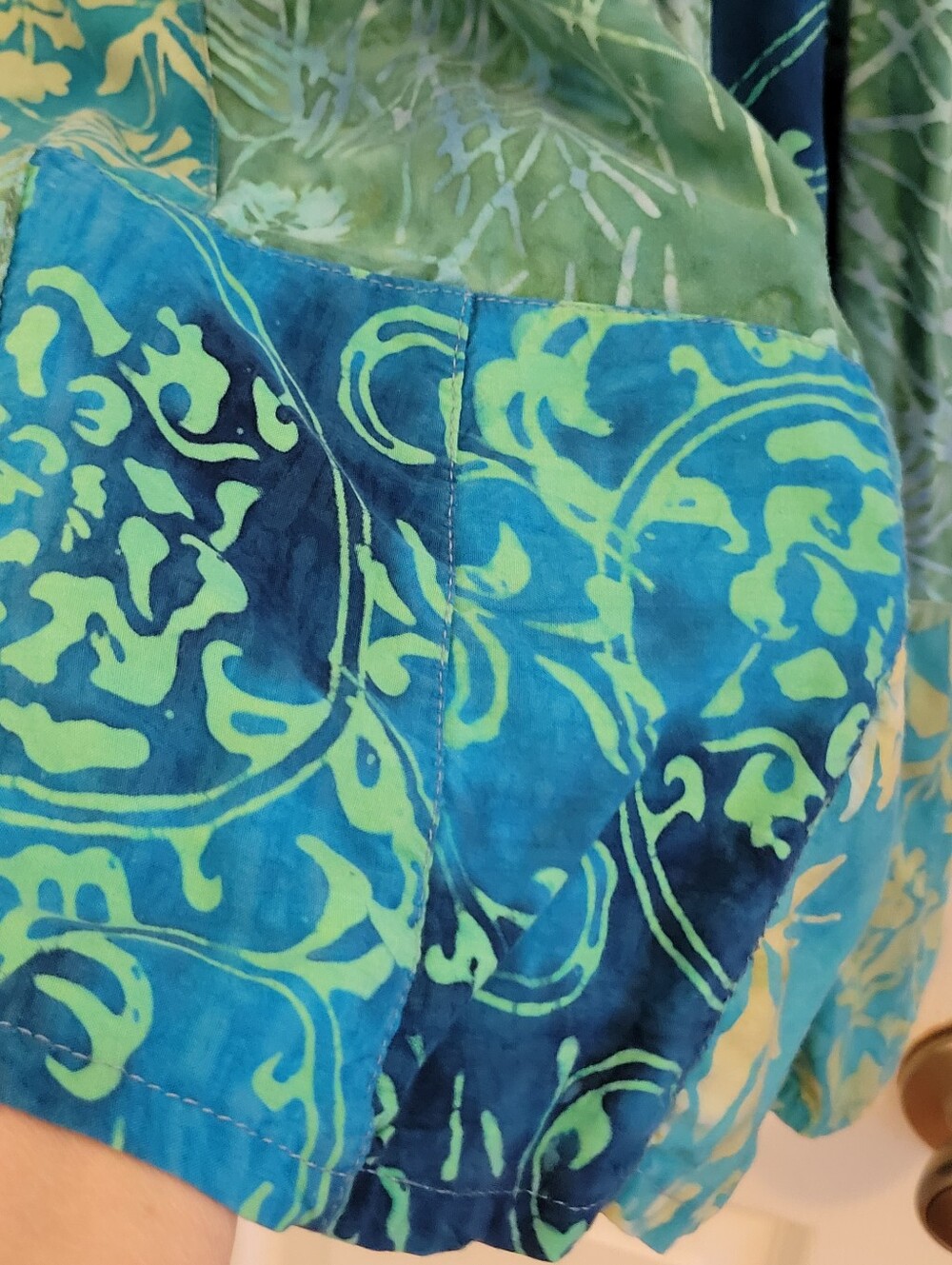 Batik Print Blue and Green Floral Patchwork Sun Dress Size XL Beach Coverup - Picture 6 of 12
